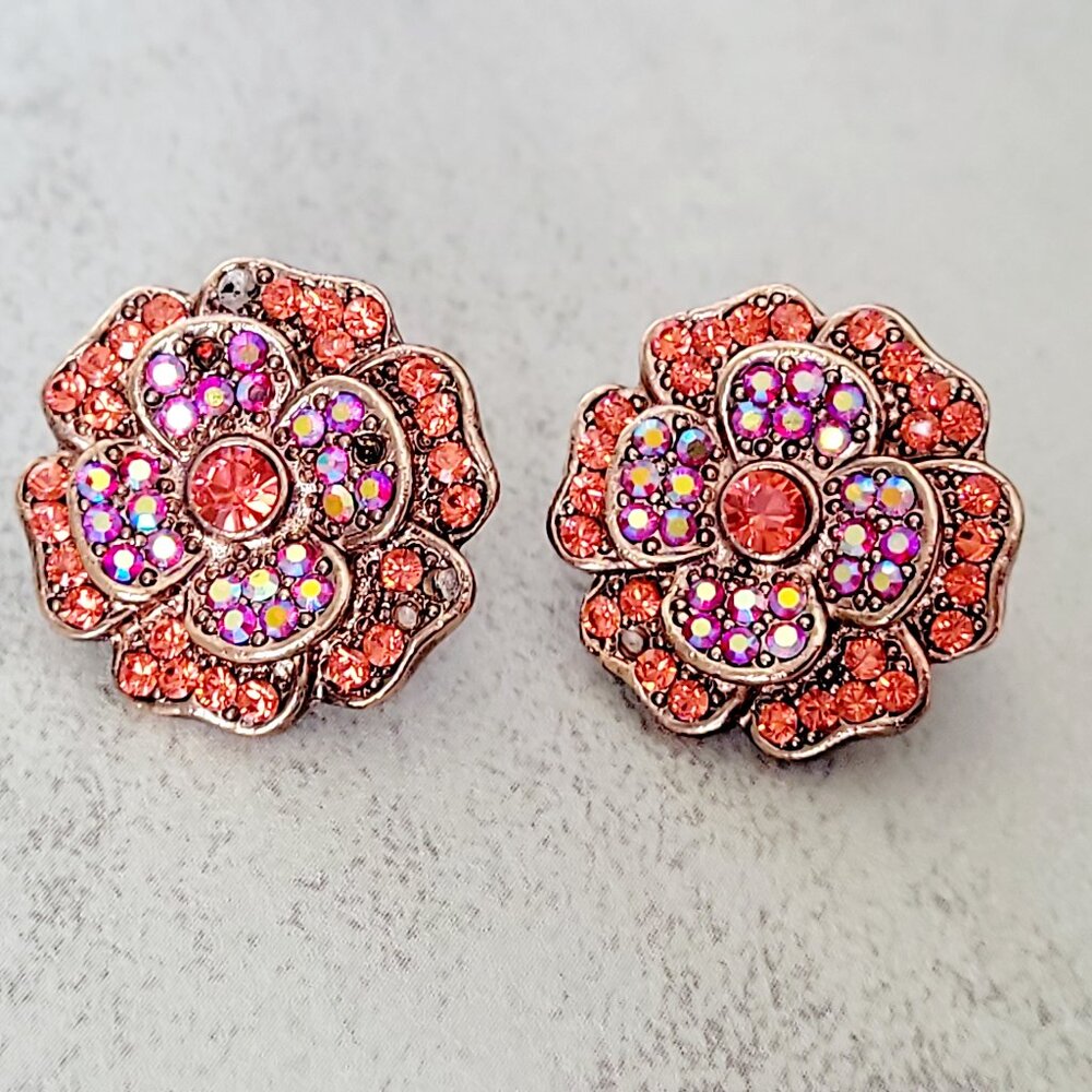 Vintage 1980s Floral Clip-On Earrings with Colorful Sparkling Rhinestones